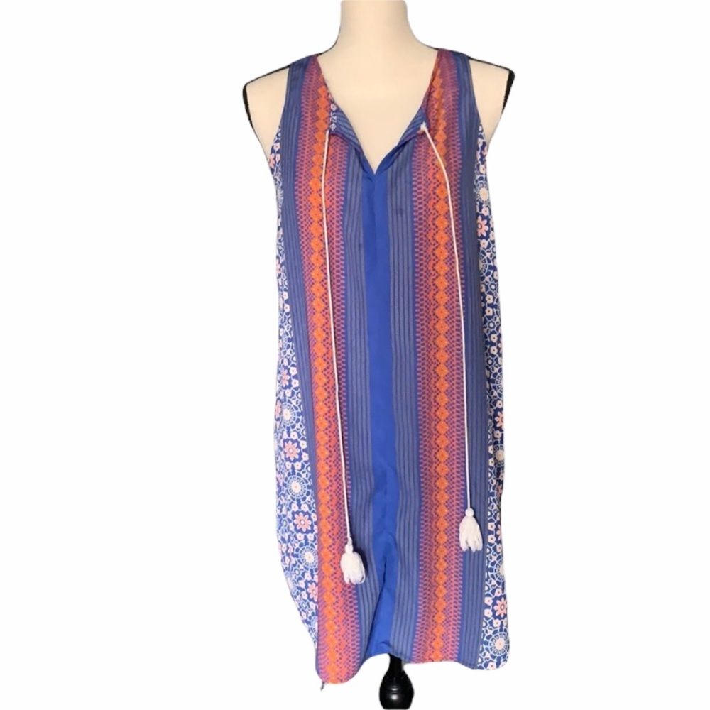 Soprano Blue Boho V Neck Sleeveless Dress with Tassels size Medium